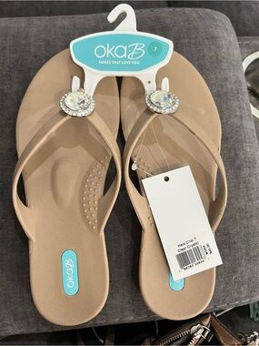 OKA b. Women's Halo Flip Sandals in Taupe with Clear Crystal